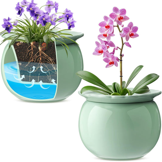 Suclain 2 Pcs African Violet Pots, 6.5 Inch Self Watering Pots for Indoor Flowers and Plants Ceramic Easy Self Watering Plant Pot with Highly Absorbent Inner Planter Pot for Tropical Plants(Green)