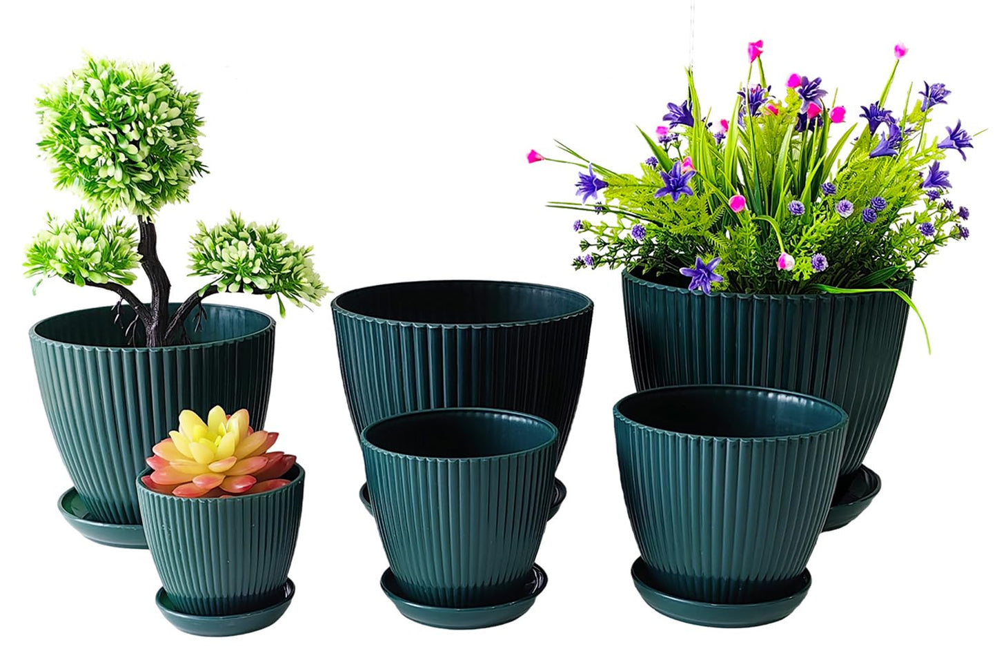 RooTrimmer 7.5/6.5/5.5/4.9/4.2/3.5 Inch Plant Pots with Saucers & Drain Holes - Indoor/Outdoor Flower Pots for Succulents, Herbs, Cactus - Modern Lightweight Durable Planter Set, Dark Green