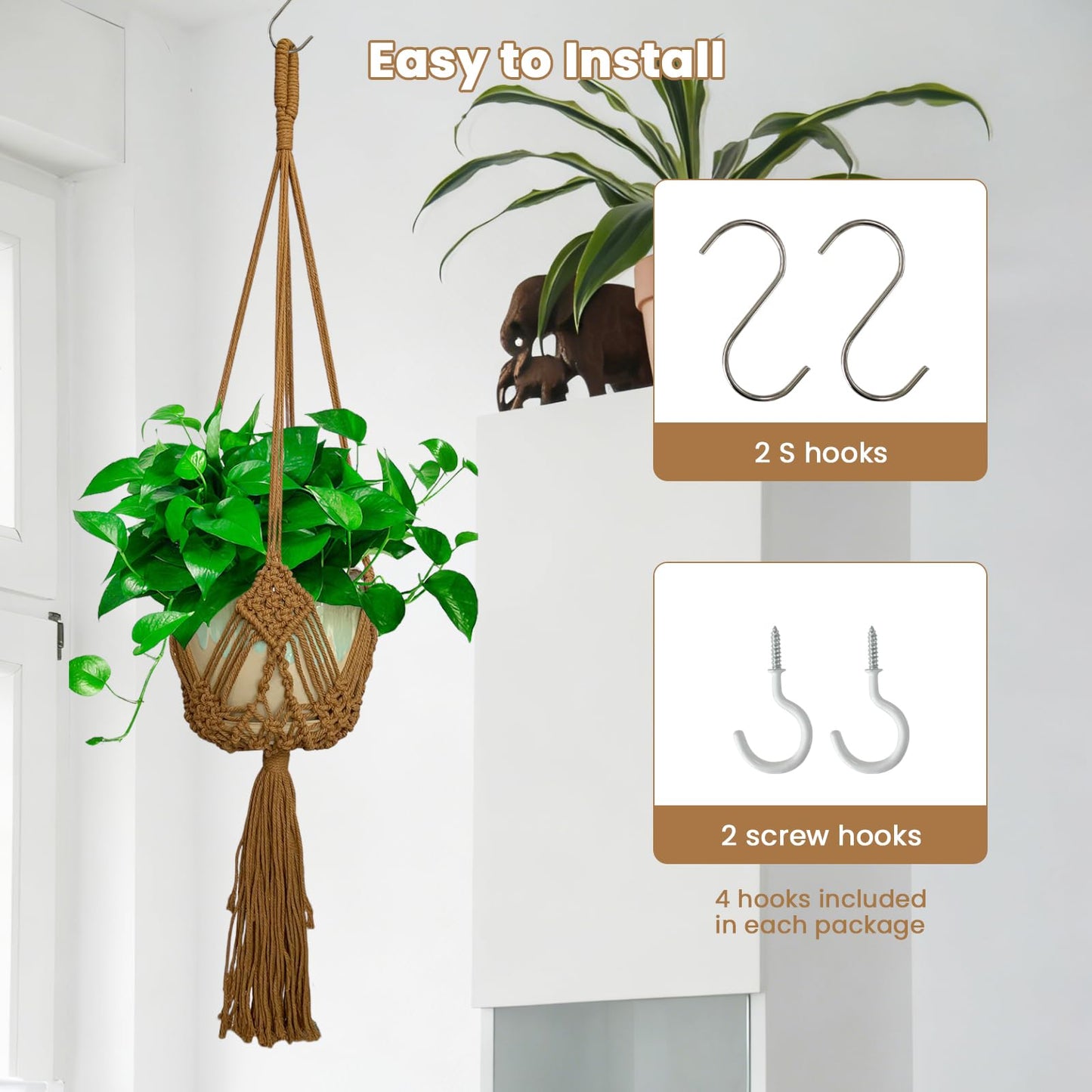 UUNXAM Hanging Planter with Patterns,2Pcs Macrame Plant Holder Rope with S Shaped Hooks,Indoor Macrame for up to 8 inch Pot Crochet,Boho Plant Hanger Holder for Indoor Outdoor