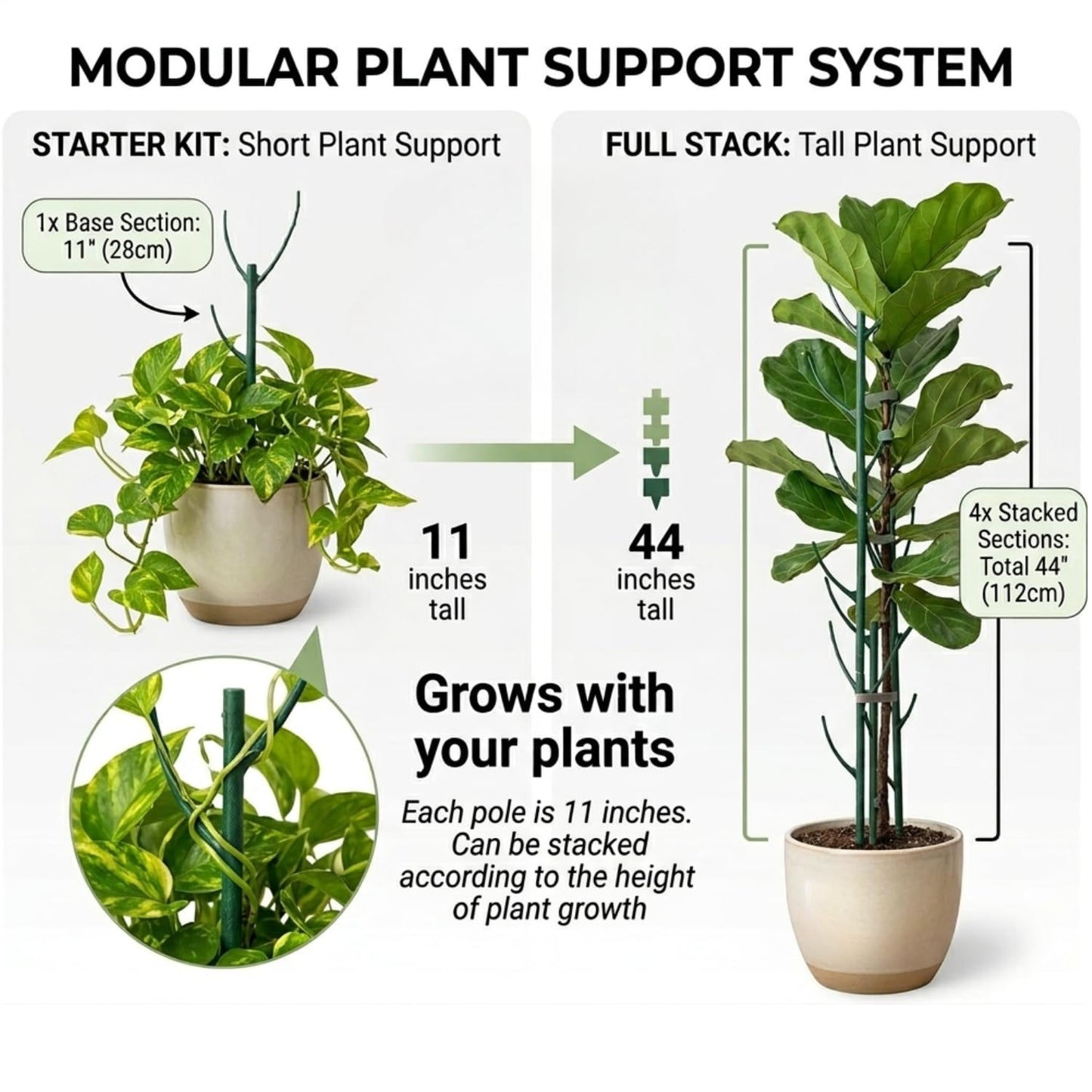 10 Pack Stackable Plant Support Stakes, 75inch Climbing Plant Sticks Structures for Monstera with Garden Ties, Durable Alternative to Moss Pole for Indoor Outdoor Plants