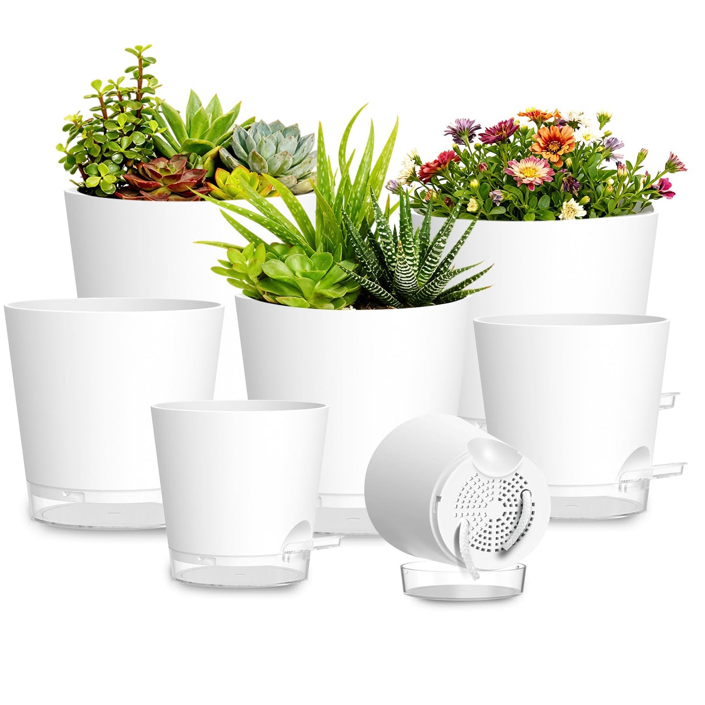 SQKH Plant Pots 4/5/5.5/6/6.5/7/8 Inch Self Watering Pots, 7 Pack Plastic Planters with Drainage Holes and Clear Saucers,Plastic Flower Pots,Nursery Planting Pot for Indoor Out Door Plants(White)
