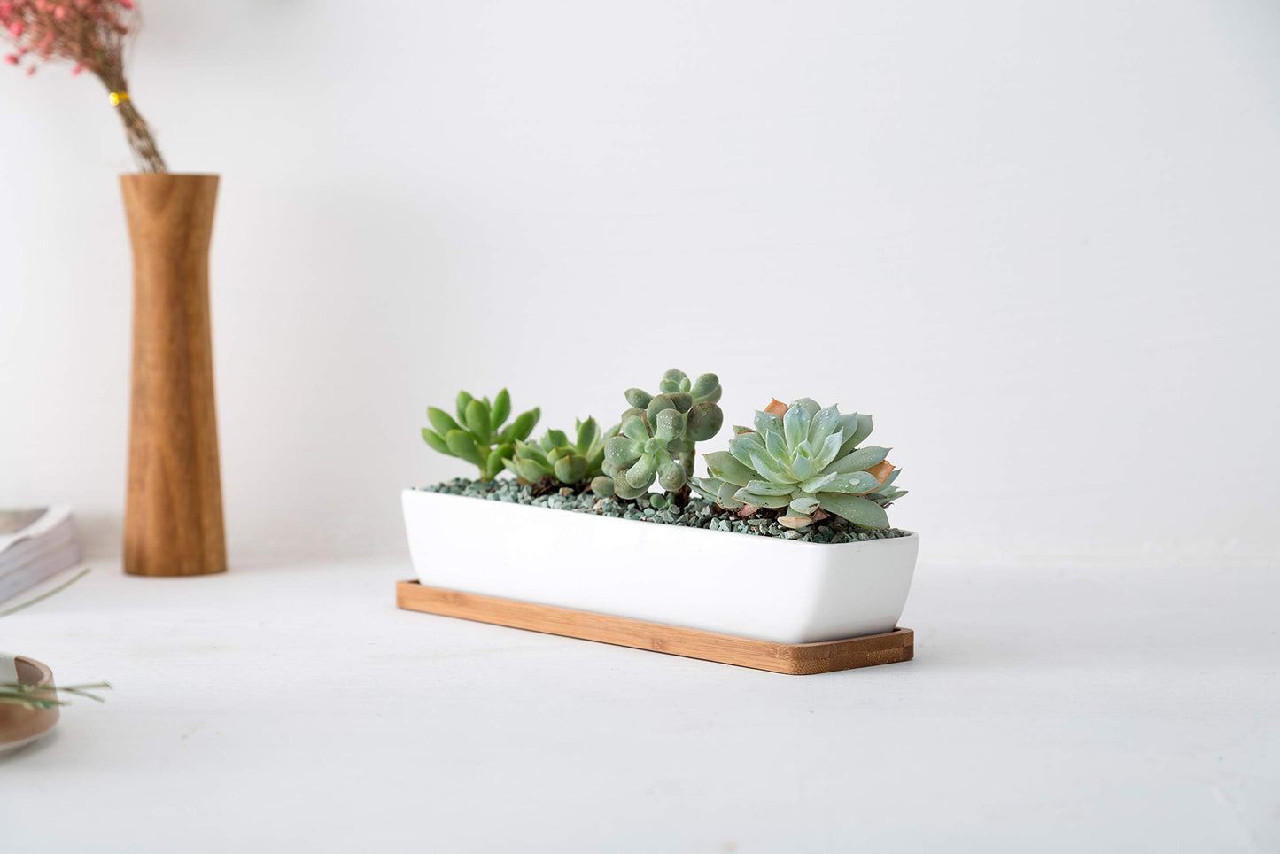 SeaStar White Rectangular Long Succulent Planter Pot,11x2.16x1.75inch Modern Minimalist Ceramic Succulent Planter Pot with Saucer for Office,Desk,Window.
