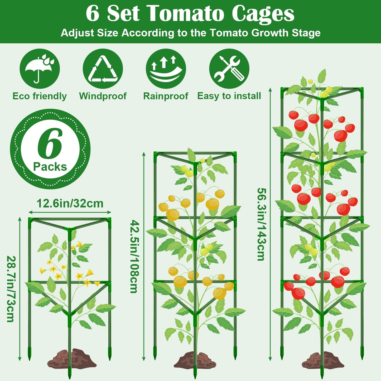 6 Packs Fiberglass Tomato Cages for Garden, 56 Inch Tall Tomato Plant Support, Adjustable Cucumber Stakes Plant Climbing Trellis for Garden Vegetables Fruits, Climbing Bean Support Cages with Clips