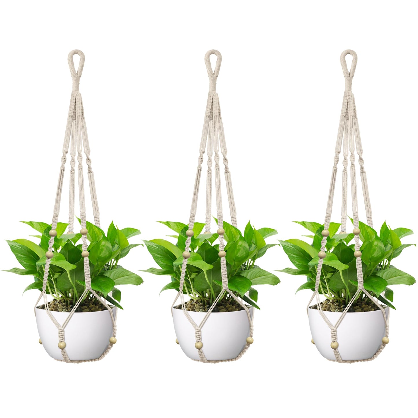 USLAI Macrame Plant Hanger Indoor Outdoor, Fits 4 to 15 Inch Pots, Strong Hanging Planter Holder, Boho Home Decor, 35 Inch, Ivory, Set of 3 (POTS NOT Included)