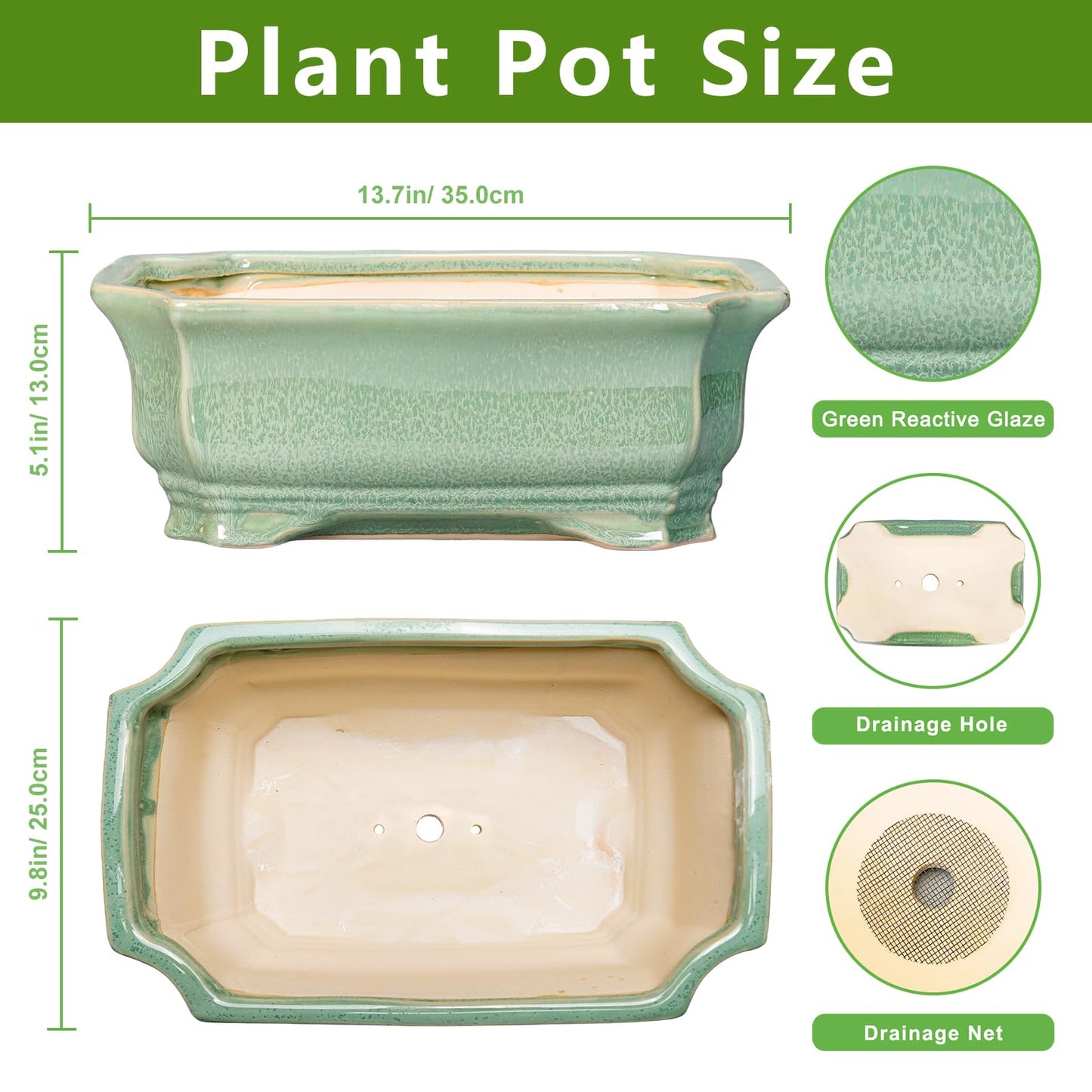 Teagas Bonsai Pots - 13.7 Inch Rectangle Ceramic Pots for Plants, Large Succulent Planter with Drainage Hole, Decorative Planters for Indoor Outdoor, Garden House Decor, Housewarming Gifts, Green