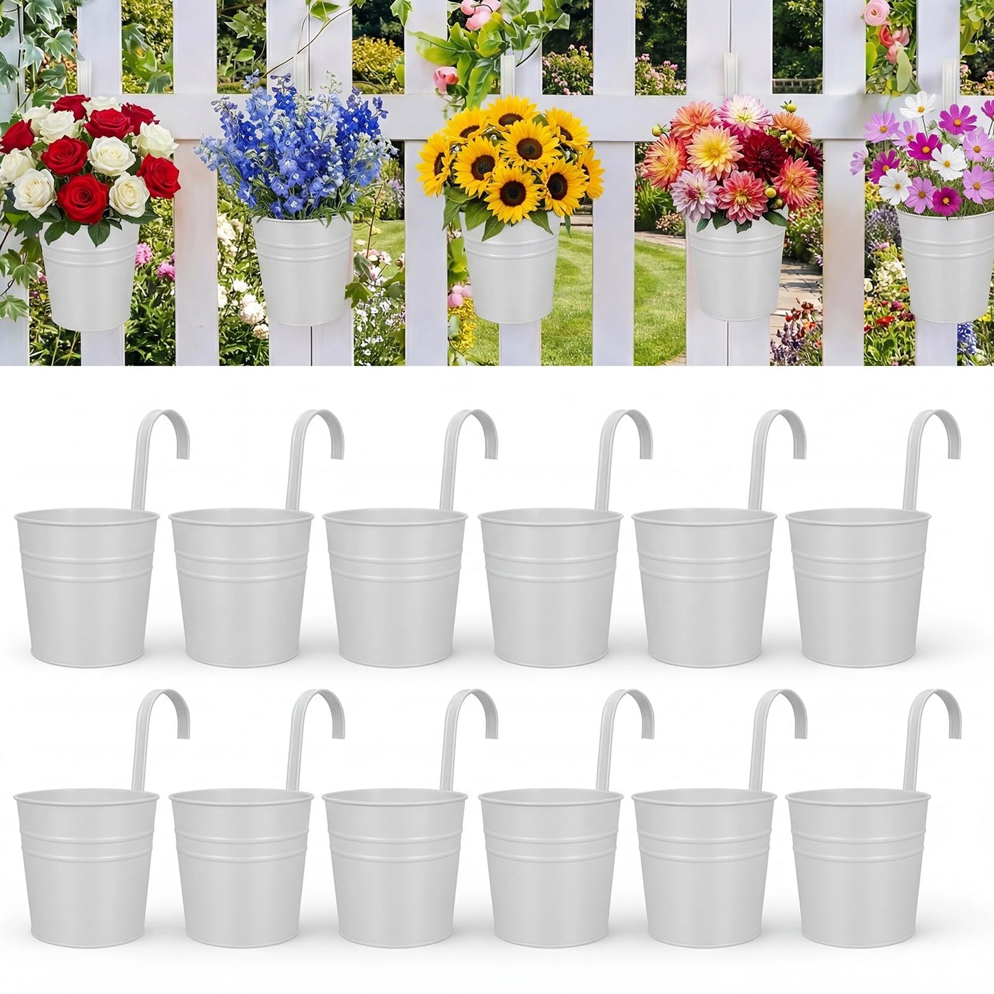 HowRU Hanging Flower Pots, Railing Planter Box for Outdoor Plants 12 Pack 5 Inch Metal Hanging Planters with Detachable Hooks Balcony Window Fence Garden Decoration Flower Boxes, White