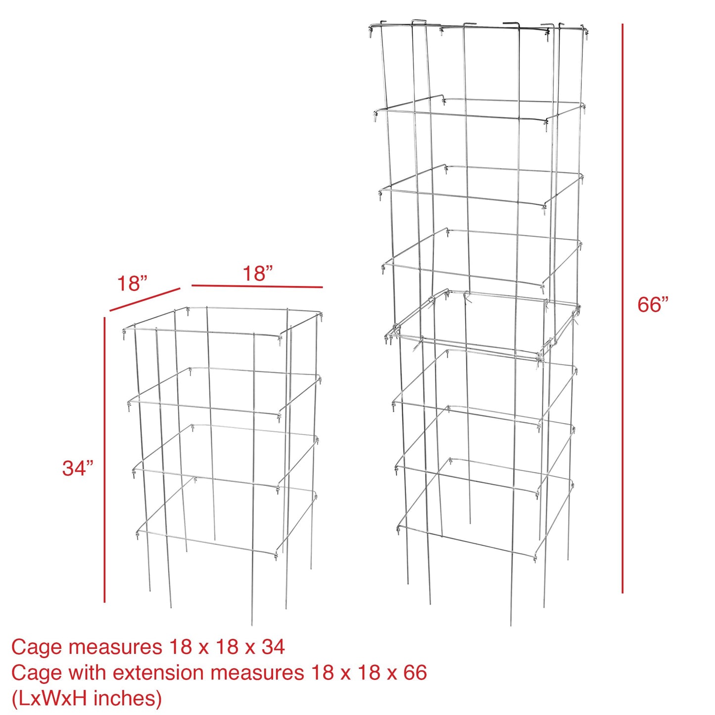 Garden Elements Square Tomato Cage, 67 Inch (Pack of 2) - Heavy Duty Galvanized Steel Plant Support with Adjustable Height and 8-Leg Stability for Climbing Vegetables & Vines