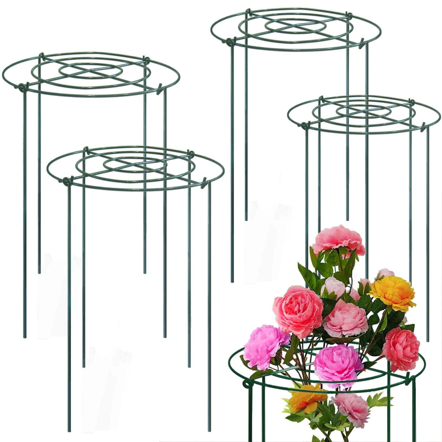 TCBWFY 4 Sets Peony Support Cage,10" Dia.x16 High Grow Through Hoops Grids with 4pcs Thickened 3.5mm Legs,Heavy Duty Metal Plant Support Brace,Flower Strong Support Ring for Heavy Blossoms