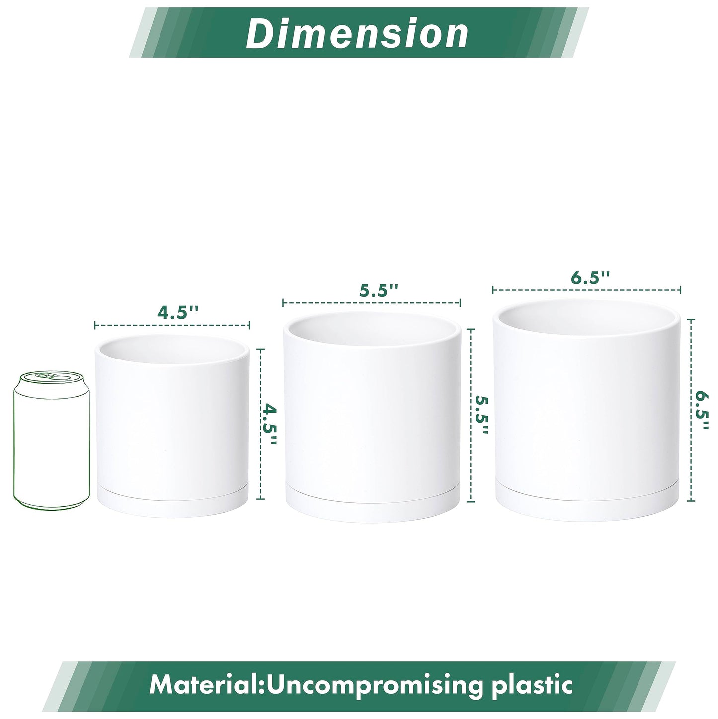 D'vine Dev 4.5 Inch 5.5 Inch 6.5 Inch, Set of 3 Plastic Planter Pots for Plants with Drainage Hole and Seamless Saucers, White Color, Small Plus, 74-V-A-2