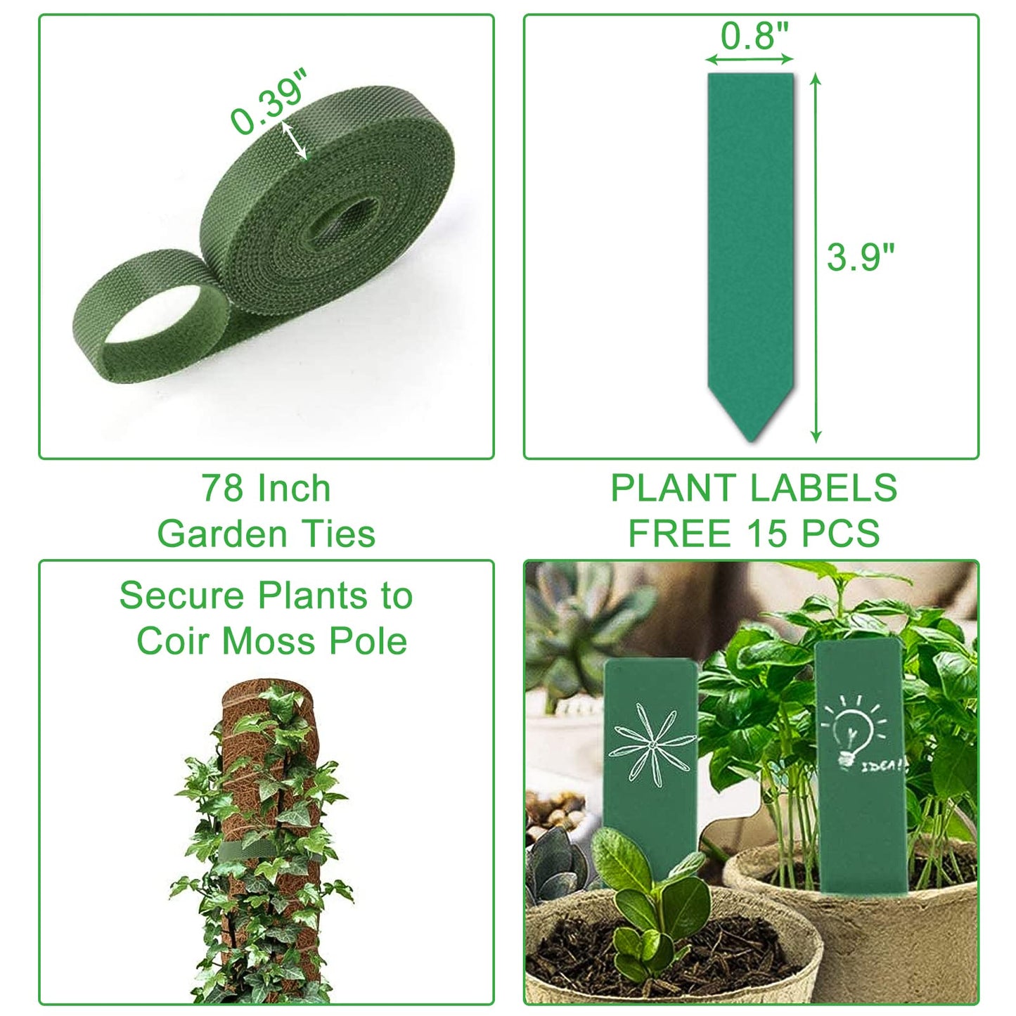 GROWNEER 42 Inch Moss Pole for Plants, 4 Pcs 15 Inch Stackable Coir Totem Support, Moss Sticks with 15pcs Labels and 78in Garden Ties, Monstera and Snake Plants Stake for Climbing Indoor