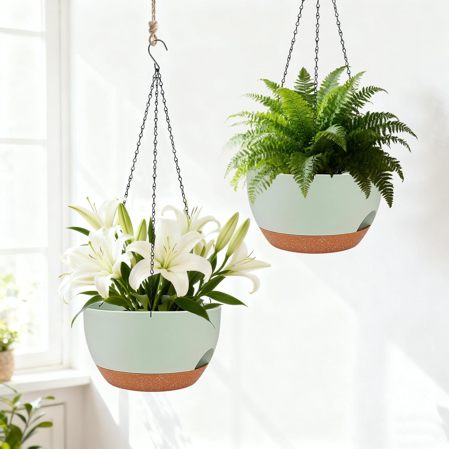 zople Set of 2-8 Inch Self Watering Hanging Planters for Indoor Outdoor，Hanging Plant Pots with Drainage & Removable Tray, Hanging Pots Holder for Ivy, Pothos, Ferns, Balcony & Patio, Green Brown