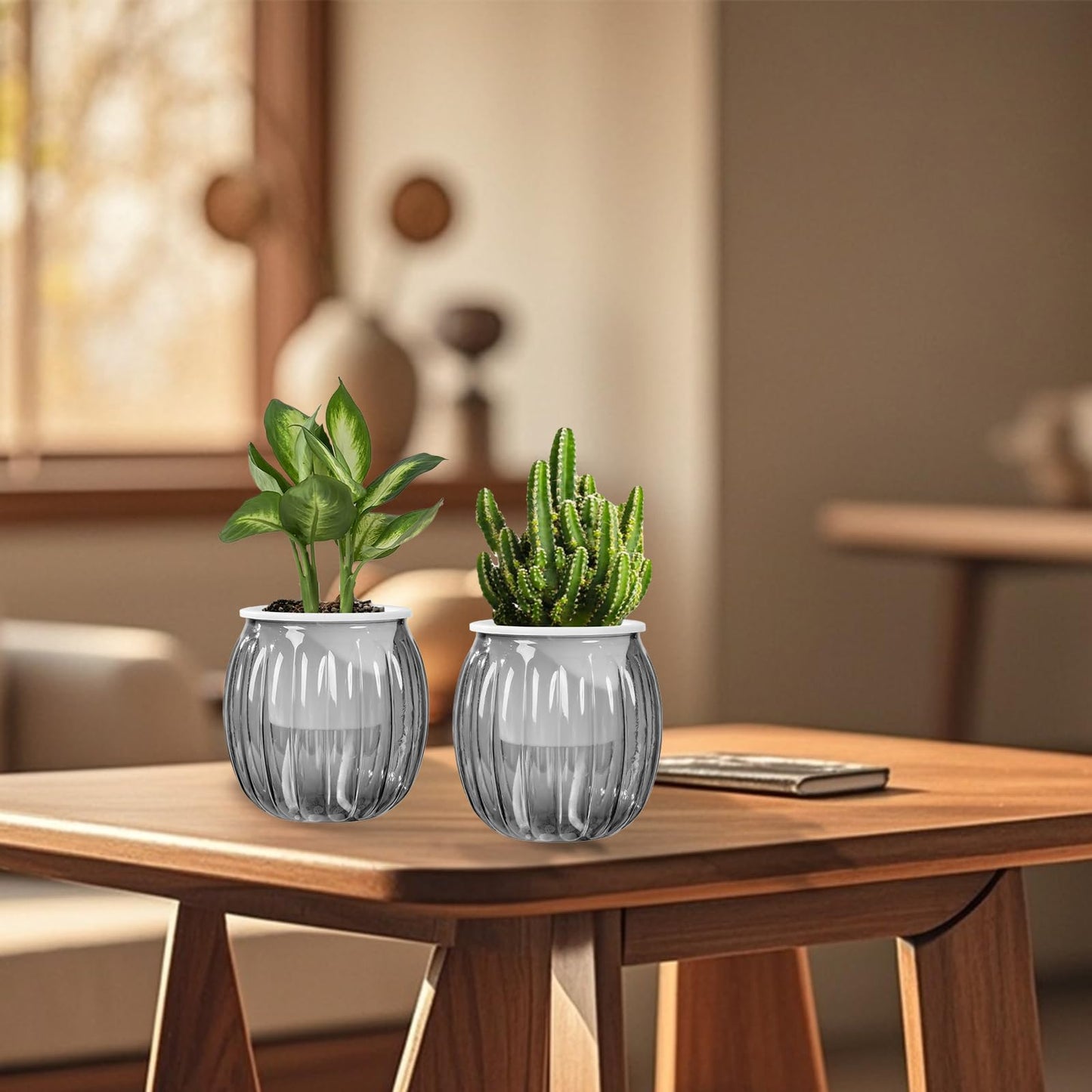Qhzxcvlk 2 Pack Self Watering Planters Indoor Flower Pots, 5.1 Inch Clear African Violet Pots for Indoor Plants for Flower, Succulents, Plant Pots with Wicking Rope, Modern Decor(Black)