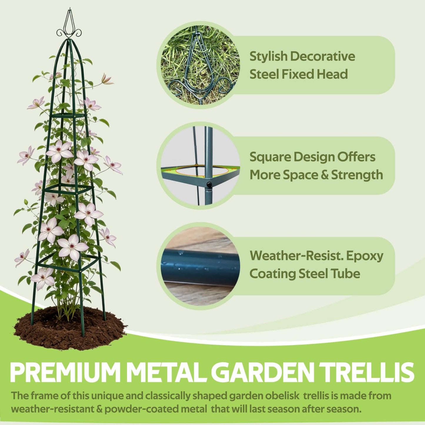Jesosia 100% Metal Obelisk Trellis for Climbing Plants Outdoor - Heavy Duty Stone Coated Steel Garden Tower Trellis - Tall Sturdy Rustproof Vertical Plant Support for Climbing Vine Vegetables Flowers