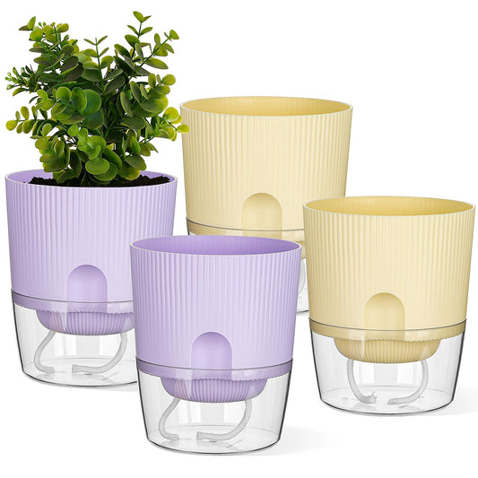 Samhe Self Watering Pots for Indoor Plants, 4 Pack 5.7 Inch Flower Pots with Deep Reservoir & Drainage Holes, Yellow Purple Plastic Planters with Water Level Window for Succulents Orchids