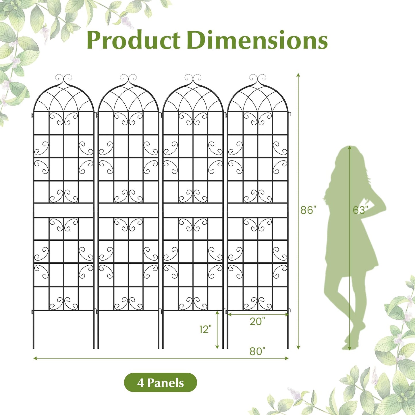 Giantex 4 Packs 86"x20" Metal Garden Trellis for Outdoor Climbing Plants, Heavy-Duty Plant Support for Vine Rose Vegetable Flower, Rustproof Black Metal Coating Patio Trellis Arch Decorative Fence