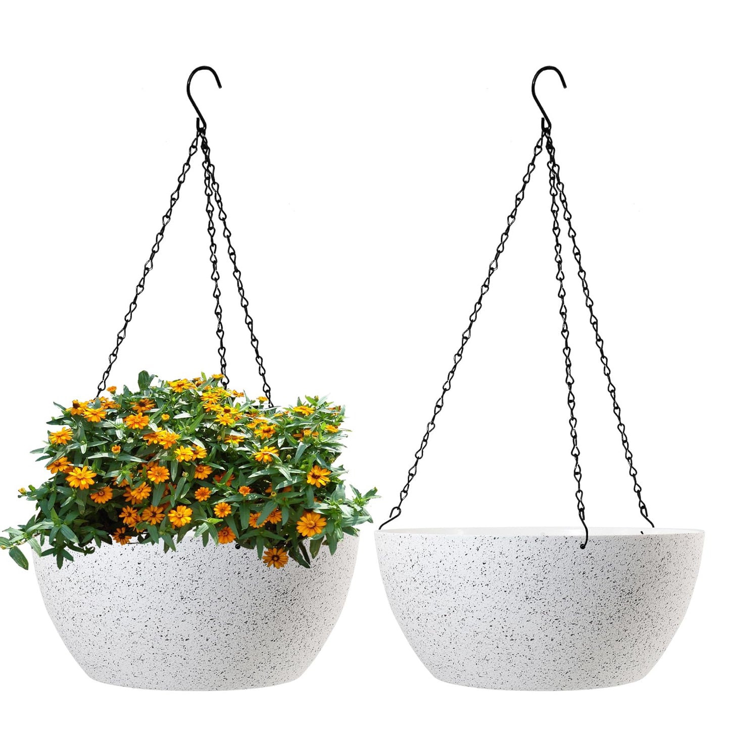 WSMKSZ 13 inch Large Hanging Planters Plant Pots for Outdoor Indoor Plants with Drainage Holes and Chain, 2 Pack Round Hanging Flower Pots for Garden Home Porch Decor, Speckled White
