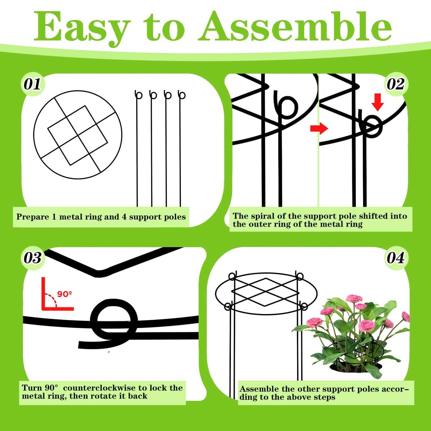 Peony Cages and Supports, 4 Packs Heavy Duty Metal Plant Support, 11.5" Dx16 H Rust-Proof Grow Through Flower Cage, Adjustable Ring for Tomatoes, Hydrangeas, Strawberries & Perennial Flowers