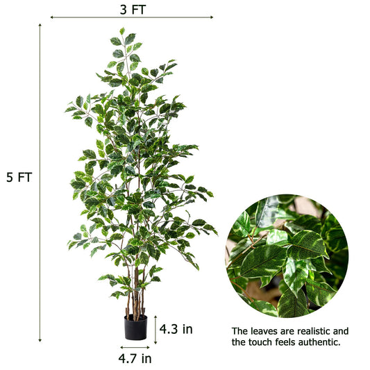 Bailikang Artificial Ficus Tree Indoor 5ft, Large Potted Faux Tree with Realistic Silk Leaves & Trunk for Home Office, Living Room Corner Decor
