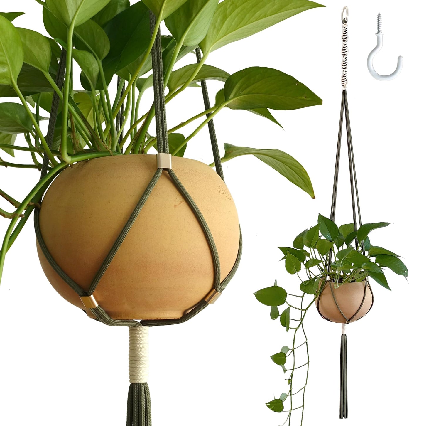 LET BE Macrame Plant Hanger Polyester Rope 42 Inch Outdoor Indoor Adjustable Hanging Planter for up to 10 Inch Plant Pot Modern Boho Home Decor (1, Forest Green/Ivory)