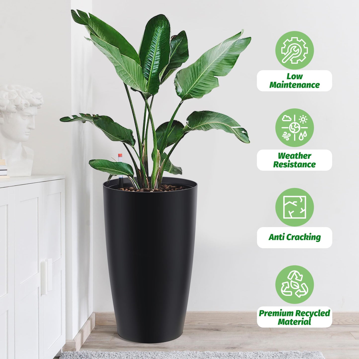 GarveeLife Set of 2 Tall Planters for Outdoor Plants, 22 in Large Planters for Outdoor Indoor Plants with Water Level Monitor ＆ Inner Bucket, Automatic Watering, for Porch, Patio, Backyard, Black