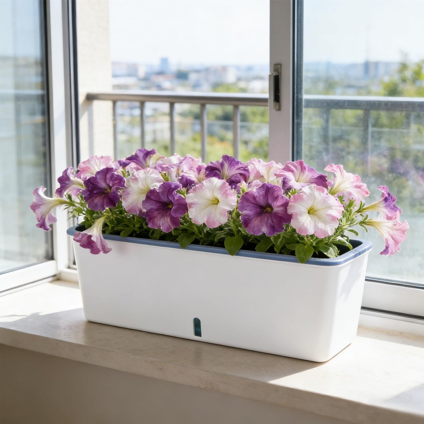 2 Pack Rectangular Planter 17 x 4.5 in Self Watering Planter Window Sill Planters Indoor Rectangle Planter Self Watering Pots Plastic Plant pots with Drainage Holes White Flower Pot Indoor