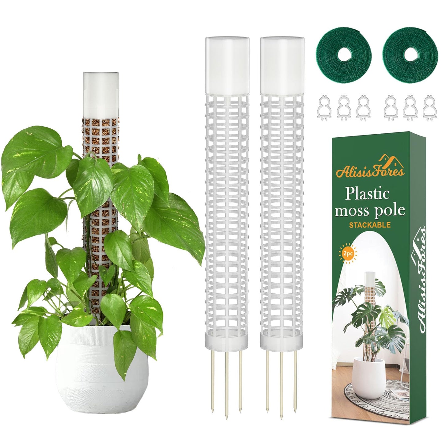AlisisFores 2 Pcs Plastic Moss Pole for Monstera, Large Cylindrical Shape Poles for Climbing Plants Work with Sphagnum Moss, 17.5 Inch linkable Plant Stake Set of 2, Garden Ties