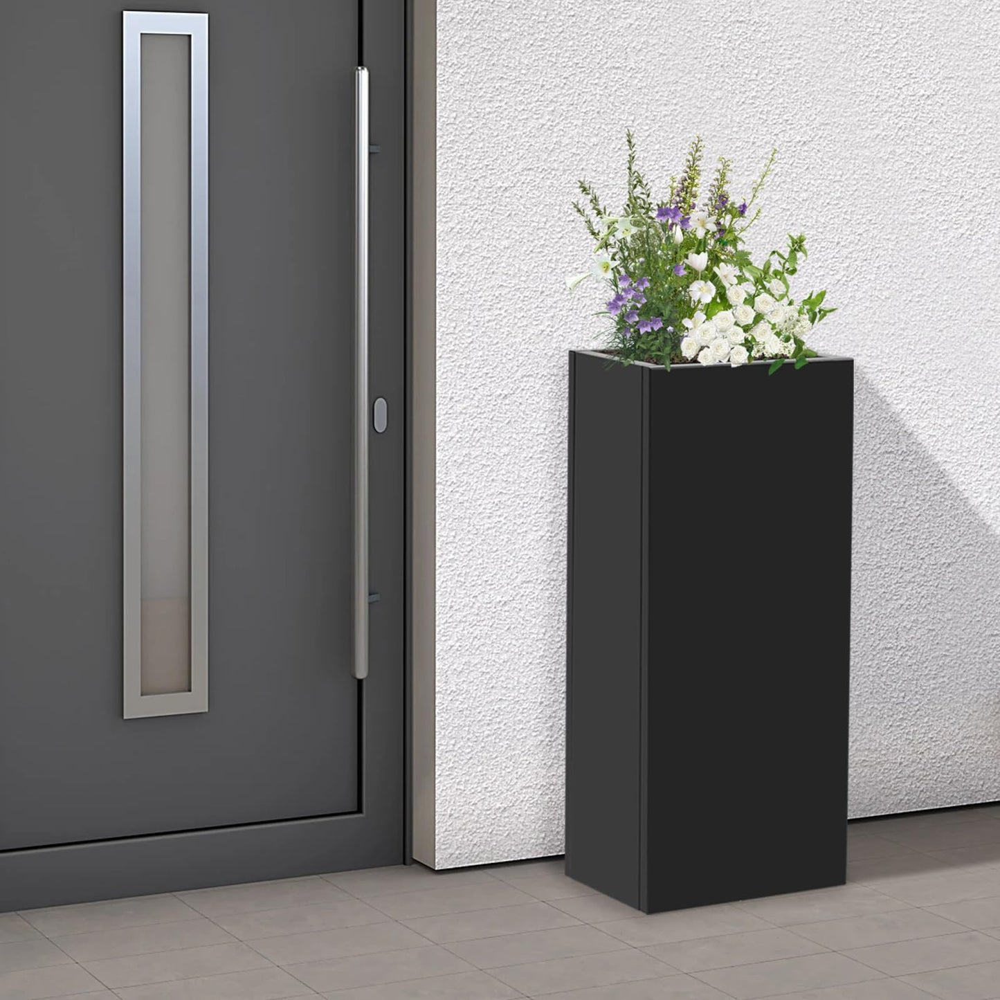 ACNAO 30in Height Metal Planter Box, Rectangular Outdoor/Indoor Flower Box with Drainage Holes, Modern Steel Planter Box for Gardens, Entrances, Balconies, Patios, Black