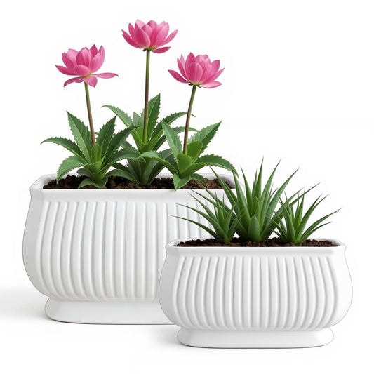 OXART Ceramic Plant pots Indoor Pots Set with Drainage Holes, 11.8+9 inch Flower Pot Rectangle Planters Pots for Plants for Plants Lilies, Cacti, Succulents, and Pothos, No Trays (White-2)