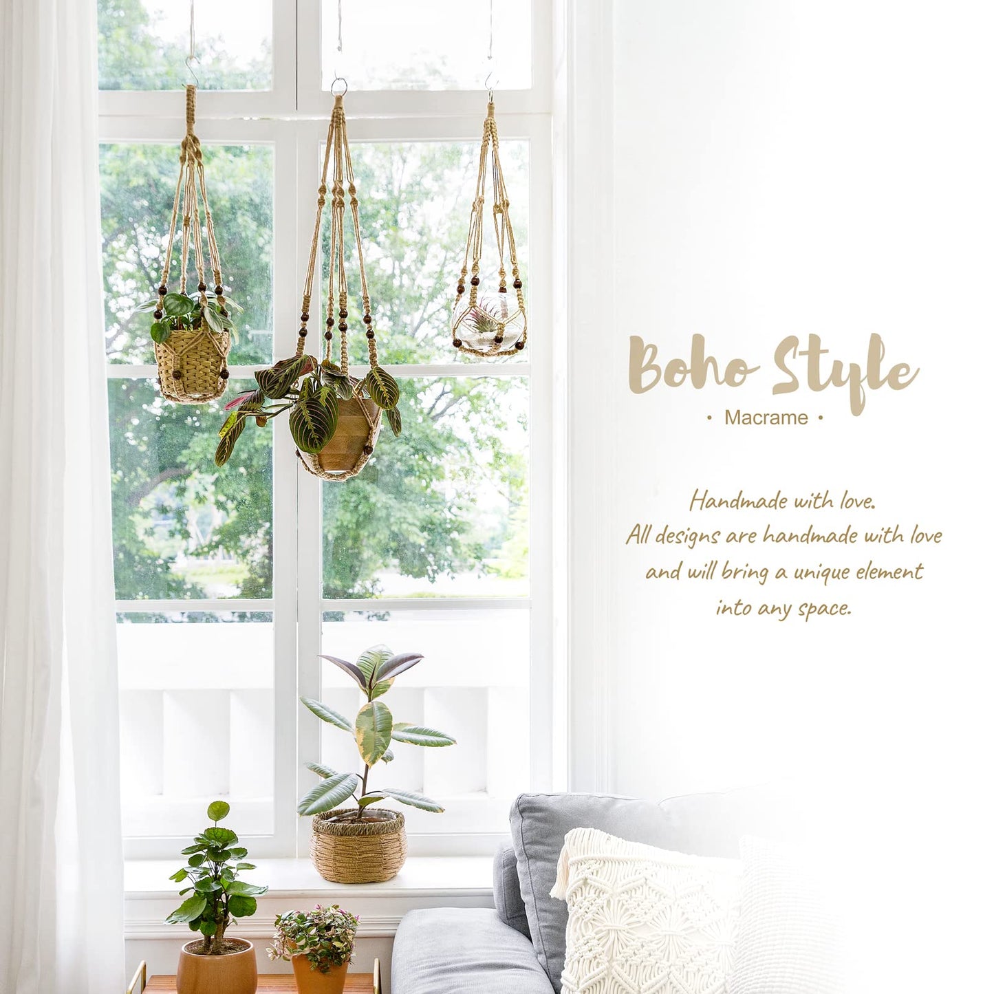 Mkono Set of 2 Macrame Plant Hanger 35 Inch and 43 Inch Indoor Jute Hanging Planter Basket with Wood Beads Decorative Flower Pot Holder No Tassels, Brown (POTS NOT Included)
