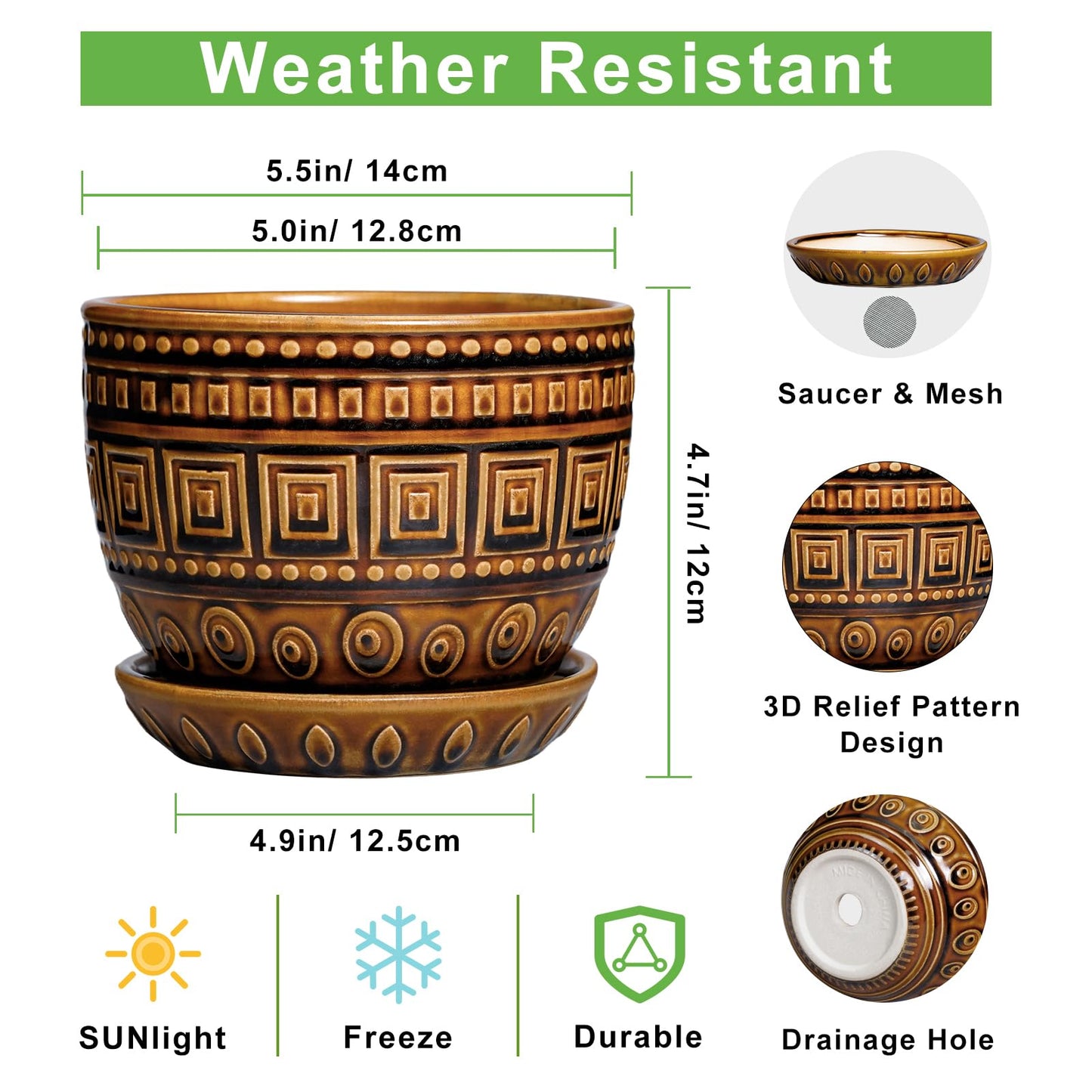 G EPGardening Succulent Pot 5.5 Inch - Ceramic Plant Pot for Indoor Plants Outdoor, Round Boho Planter with Drainage Hole and Saucer, Gifts for Plant Lovers, Office Home Garden Decor, Brown