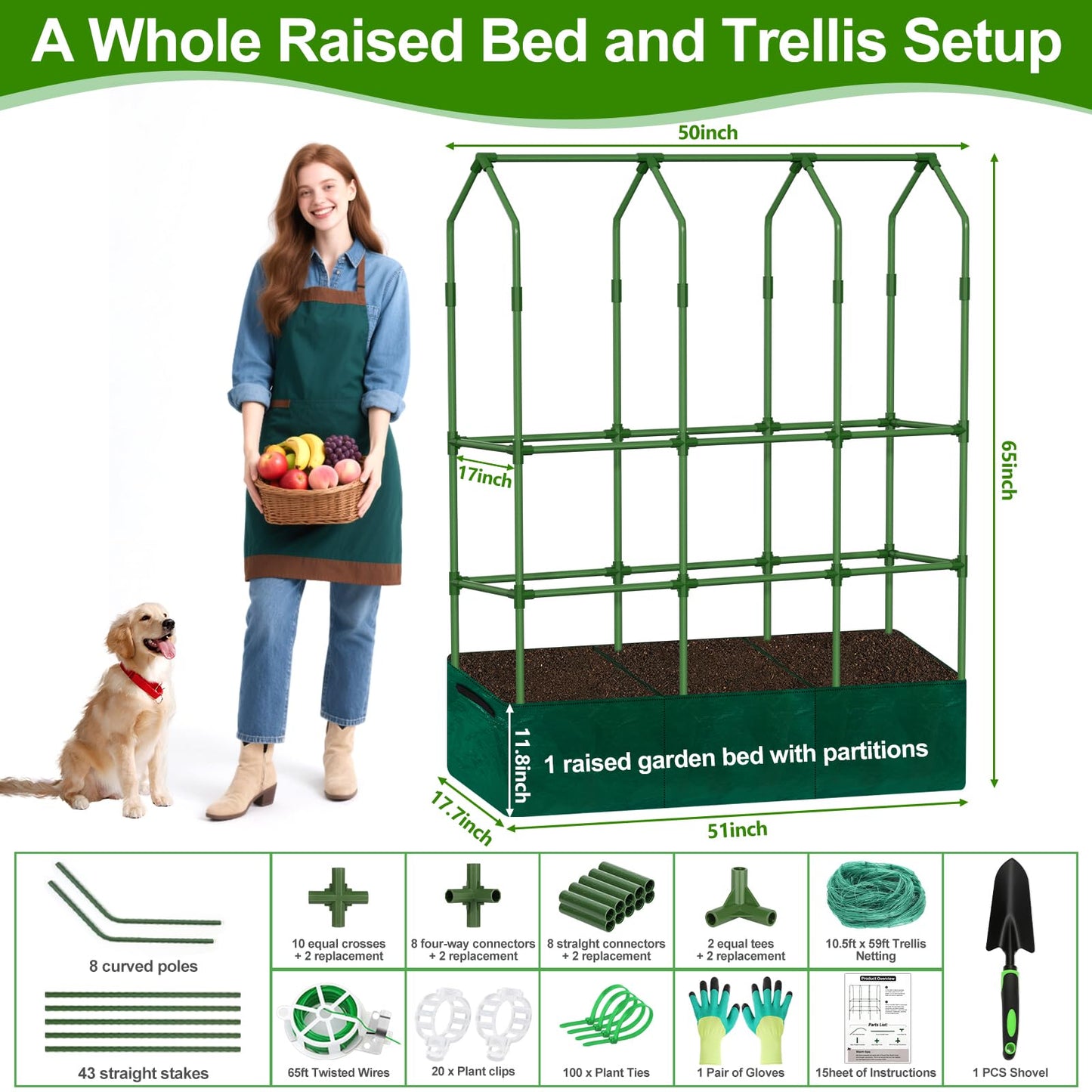 A-Frame Cucumber Trellis - 65 in (H) X 50 in (L) Supports Climbing Plants with Rectangle Raised Bed, Durable Garden Trellis for Outdoor Supporting Cucumbers Peas Vines, Includes Clips & Netting
