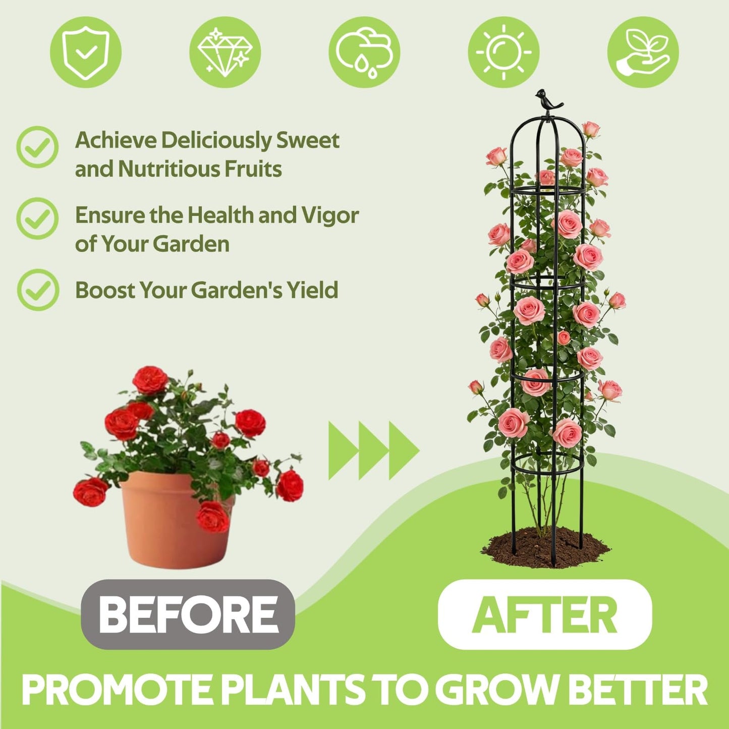 Jesosia Obelisk Trellis for Climbing Plants Outdoor - Heavy Duty Plastic Coated Steel Core Garden Arch Metal Trellis - Rustproof Tomato Cage Vertical Plant Support for Vines Vegetables Flowers Indoor