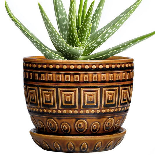 G EPGardening Succulent Pot 5.5 Inch - Ceramic Plant Pot for Indoor Plants Outdoor, Round Boho Planter with Drainage Hole and Saucer, Gifts for Plant Lovers, Office Home Garden Decor, Brown