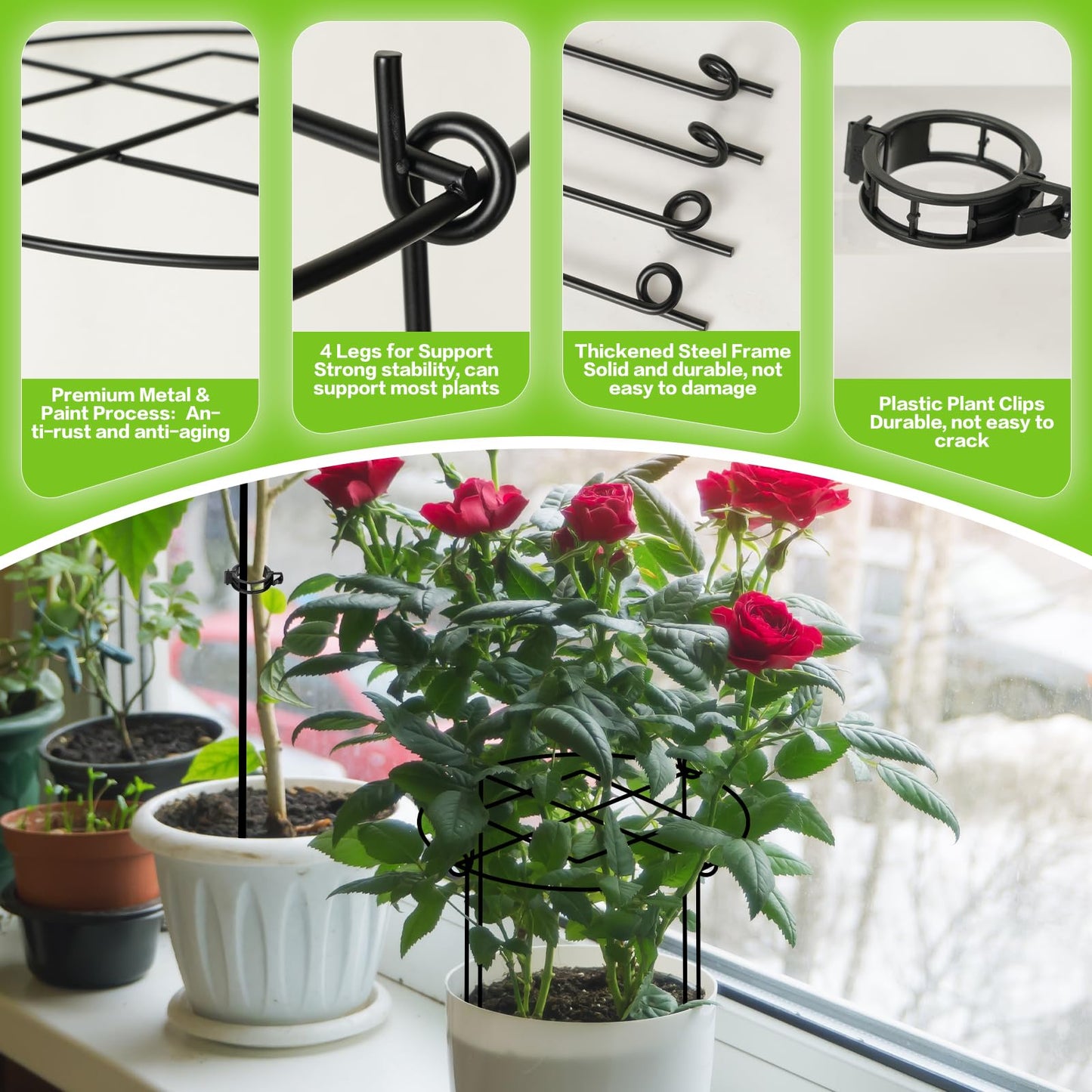 Peony Cages and Supports, 4 Packs Heavy Duty Metal Plant Support, 11.5" Dx16 H Rust-Proof Grow Through Flower Cage, Adjustable Ring for Tomatoes, Hydrangeas, Strawberries & Perennial Flowers