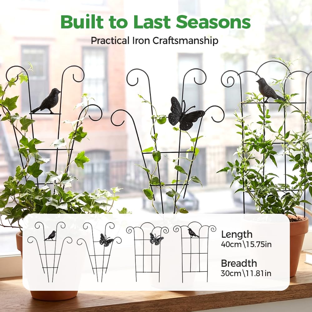 4 Pack Trellis for Potted Plants, 2026 New Stackable Metal Garden Trellis for Potted Plants Pothos Plant Climber Support for Indoor & Outdoor Houseplants (Butterfly+Bird)