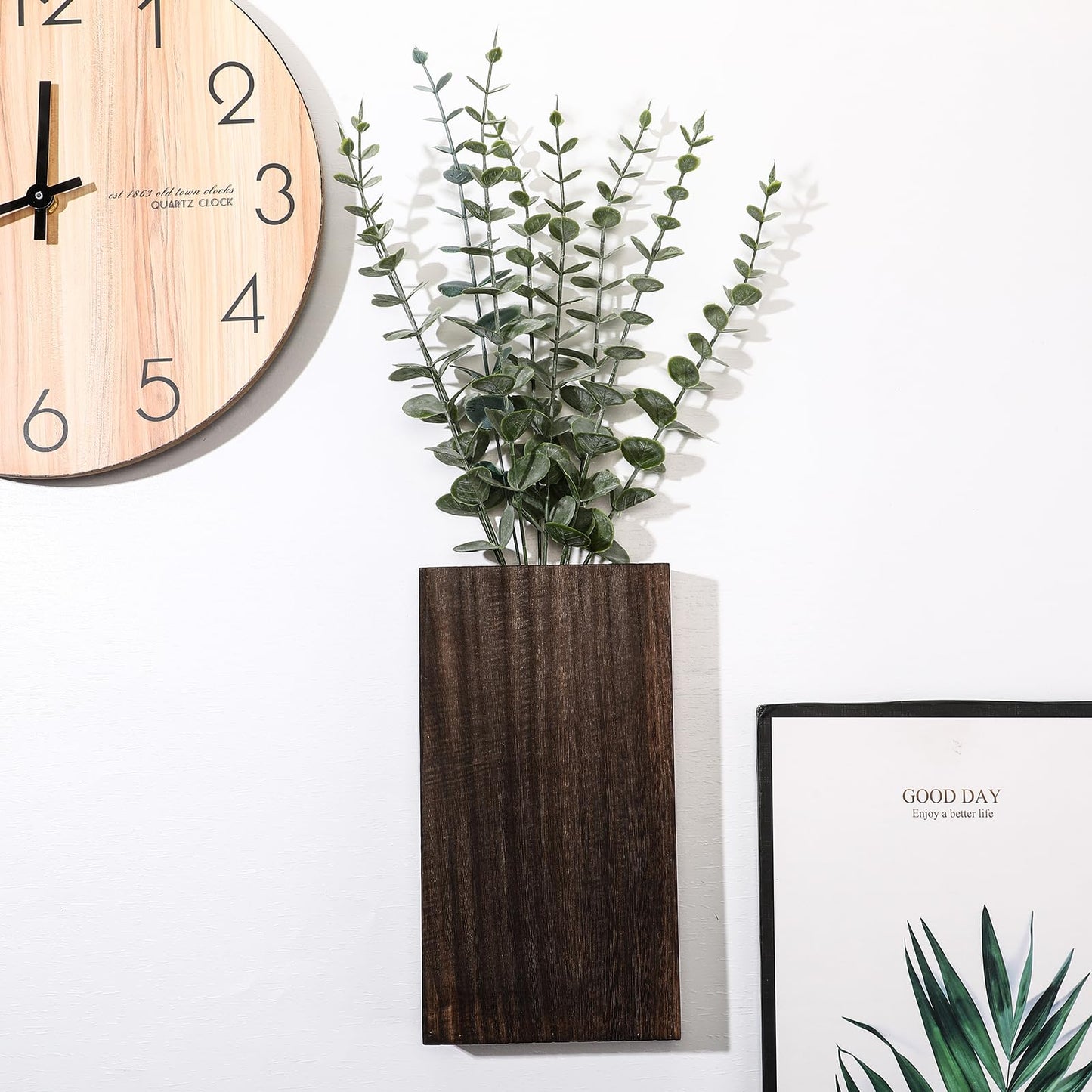 Vesici 2 Pack Wood Wall Planter Vase with Artificial Plants Indoor Plants Holder Pocket Farmhouse Wooden Vases Wall Flower Hanging Plant Decor for Bedroom Kitchen Office Home(Eucalyptus,Wood)