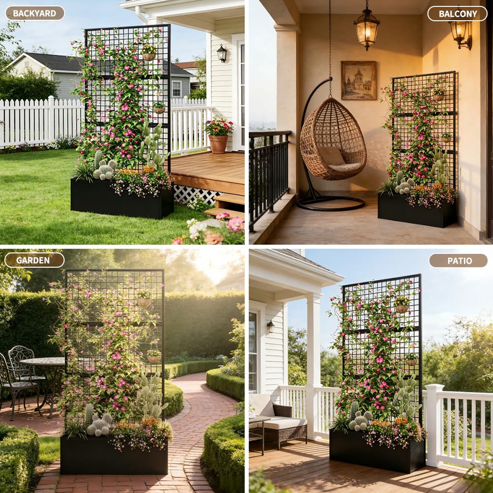Privacy Planters for Patio – Metal Raised Garden Bed with Trellis and Privacy Screen, 71"×47.2"×16" Planter Box with Drainage Holes for Climbing Plants, Vegetables, and Vines, Outdoor Backyard Black
