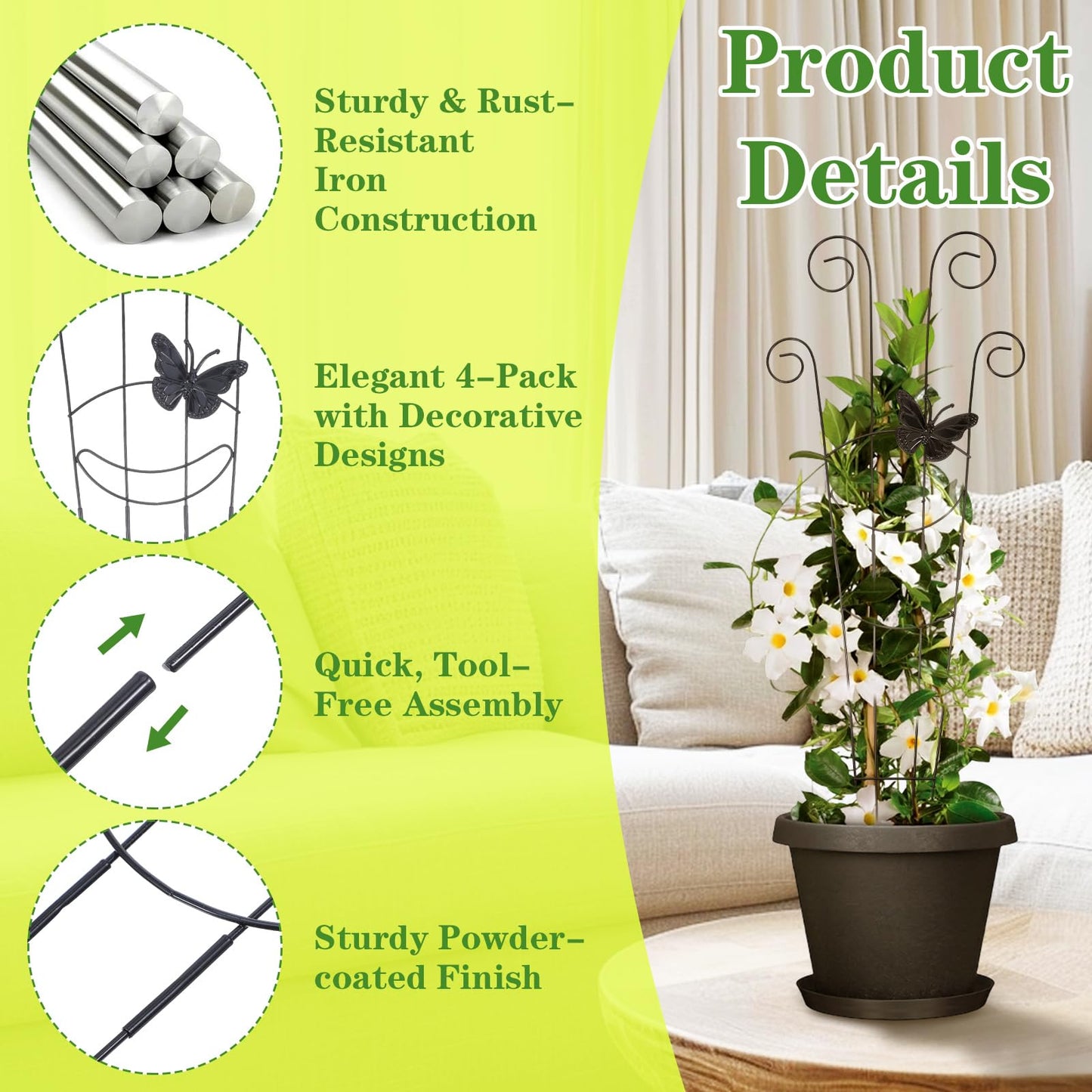 4 Pack 30 Inch Taller Plant Trellis for Potted Climbing Plants Indoor, Black Metal Garden Trellis with Butterfly & Bird Designs - Sturdy Expandable Plant Support for Ivy, Pothos, Monstera