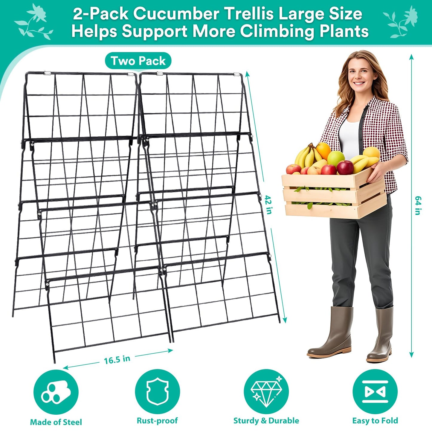2Packs 17 x 42 Inch Garden Trellis for Raised Beds Foldable Climbing Plant Support Cucumber Trellis Outdoor A-Frame Metal Vegetable Bean Trellis with Garden Supplies for Grape Tomato Peas Flower