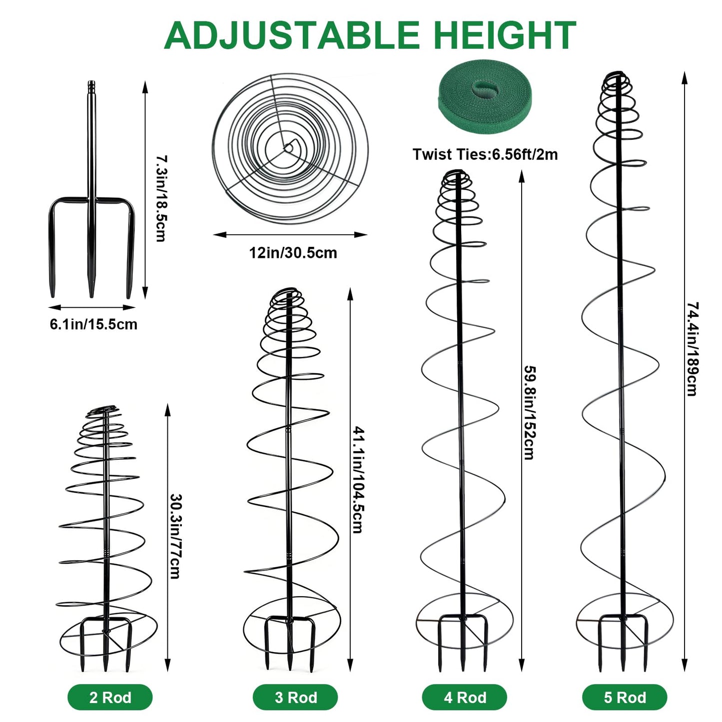 2 Pack Spiral Metal Trellis for Climbing Plants Outdoor, 75" Adjustable Plants Trellis Support Metal Garden Trellis with Center Pole and 3 Pronged, Climbing Plant Grow Cage Stand for Plants Flowers