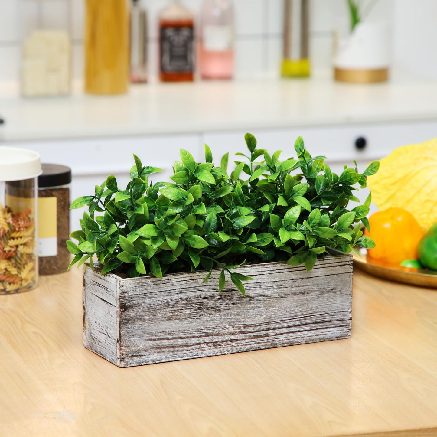 Lyrow 2 Pack Artificial Eucalyptus Plants in Rectangular Rustic Wooden Planter Box Faux Potted Herb Plant Greenery Centerpiece for Cabinet Windowsill Table Shelf Wedding Farmhouse Decor (White,11.4'')