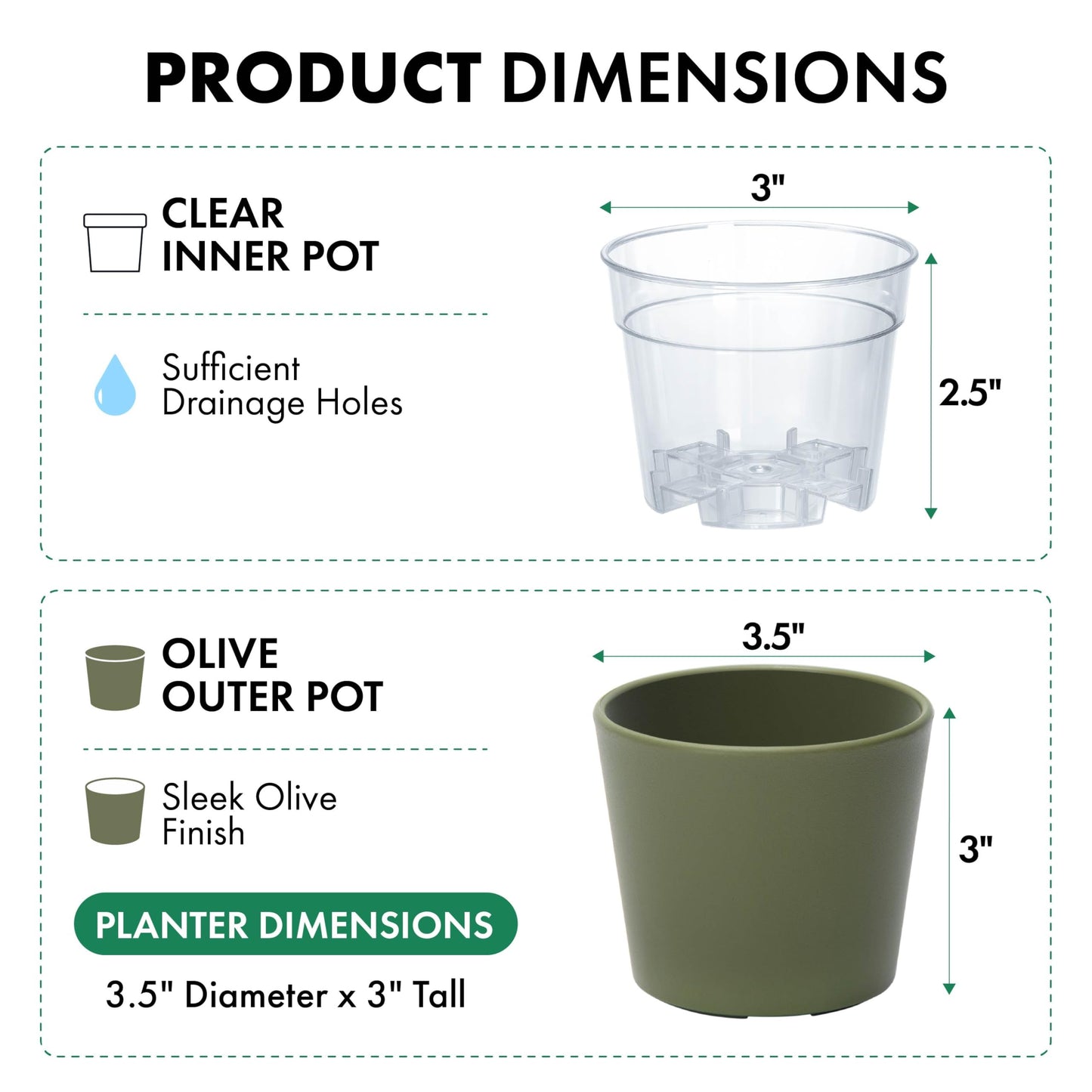Phoenix Vine 3.5 Inch Olive Plastic Cachepot with Clear Nursery Pot, Decorative Lightweight Planter Cover with Transparent Inner Pot for Indoor Houseplants, Pack of 4, 24-A-F-4