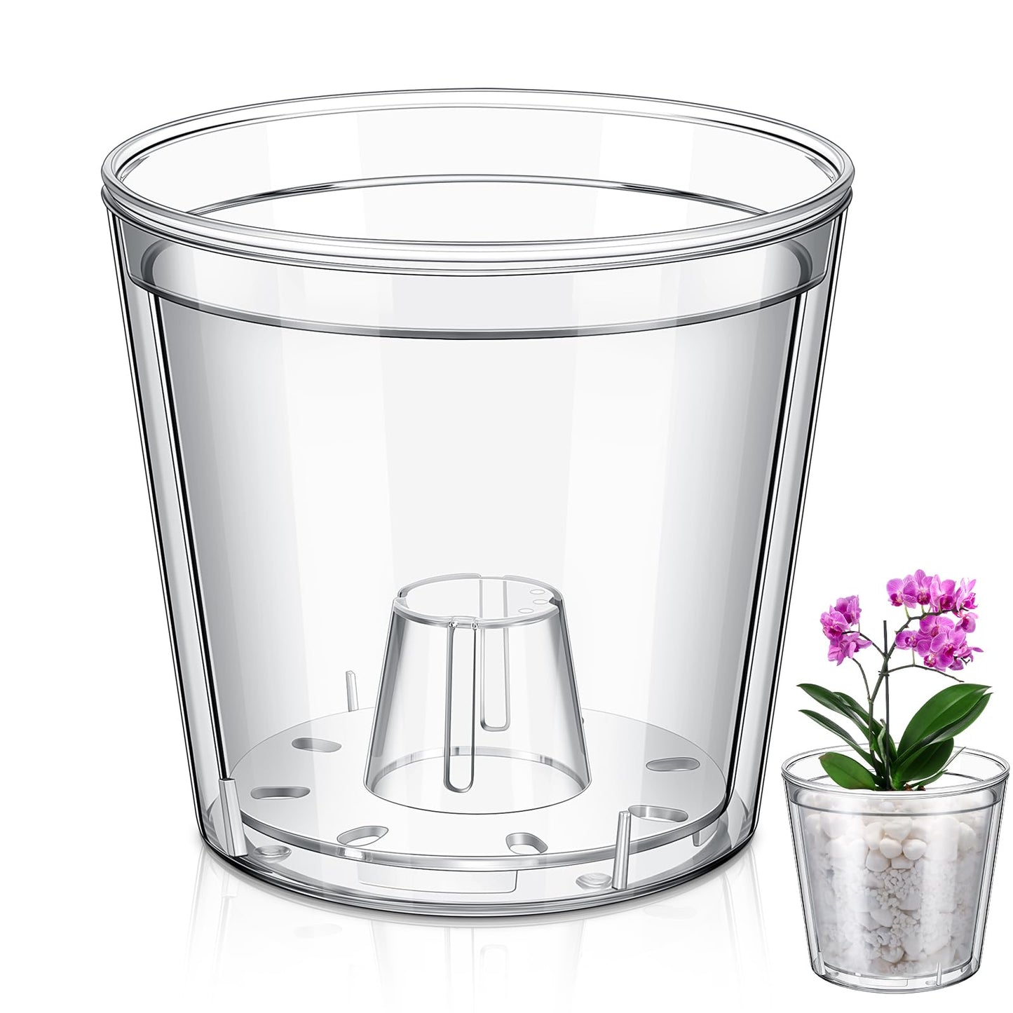 Baderke 1 Set 4.5 Inch Clear Self Watering Planter with Transparent Inner Pot Acrylic Orchid Pot African Violet with Drainage Holes Bottom Watering Transparent Containers for Indoor Plants Herbs