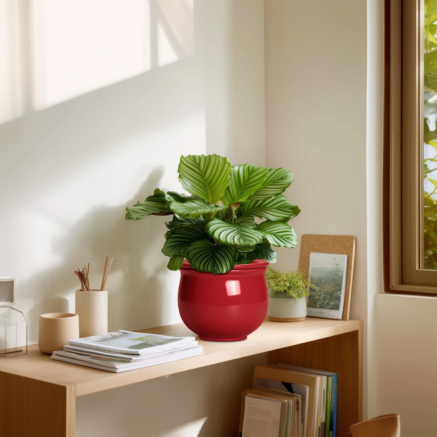 Teagas Ceramic Self Watering Planter, 6 Inch African Violet Pots with Absorbent Inner Pot, Round Self Watering Pots, Ceramic Flower Pot for Plants Indoor, Porch Decor, Plant Lover Gifts for Men, Red