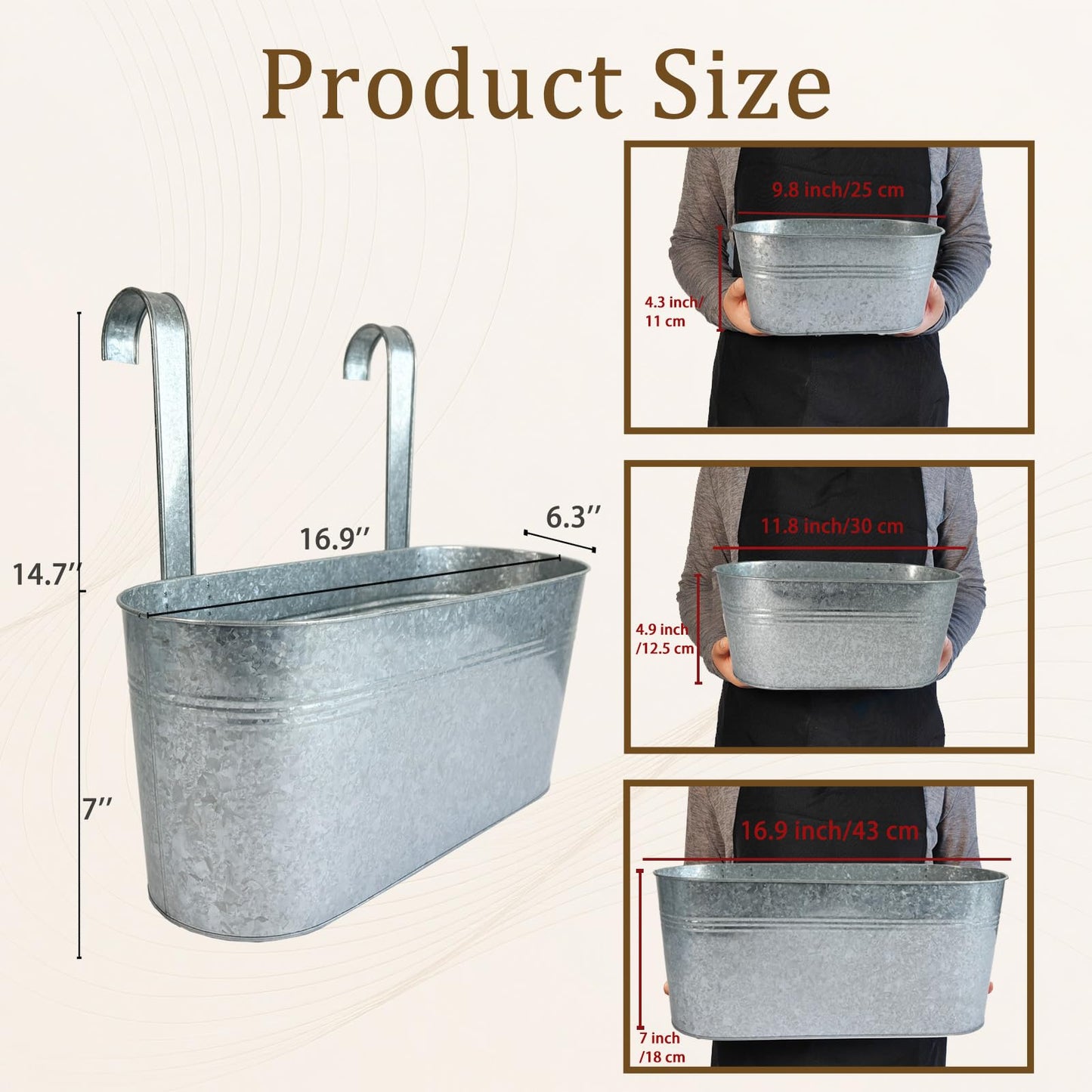 Joyfernal Balcony Galvanized Hanging Planters Railing Flower Pots, Outdoor Metal Fence Planter Pot with Detachable Hooks Drain Hole for Garden Patio Yard Decor (17 Inch, 8Pcs)
