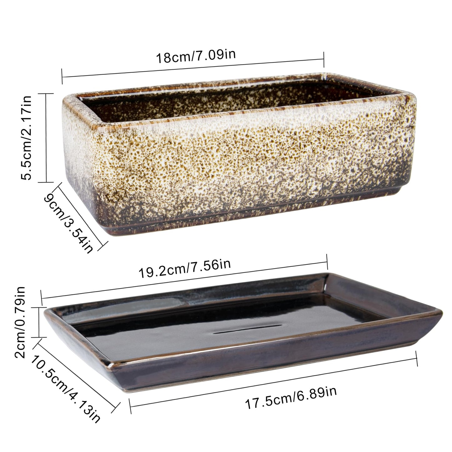 ARTKETTY Succulent Pots - Long Rectangle Succulent Planters with Drainage Tray, Window Sill Planter, Ceramic Pots for Indoor Cactus Plants Shallow Bonsai Window Box for Home Garden Decor