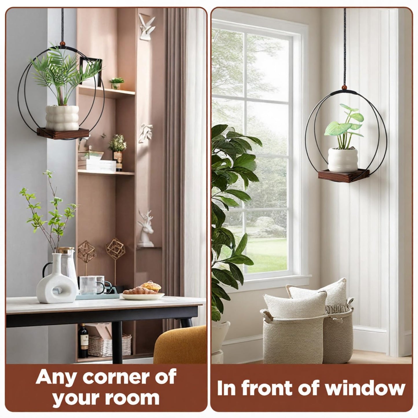 YBEATY 2 Pack Hanging Planters for Indoor Outdoor Plants, 12 Inch Sturdy Wood Base Metal Plant Hanger Modern Boho Minimalist Flower Pot Holder Basket Wall Ceiling Window Stands Home Wall Decor
