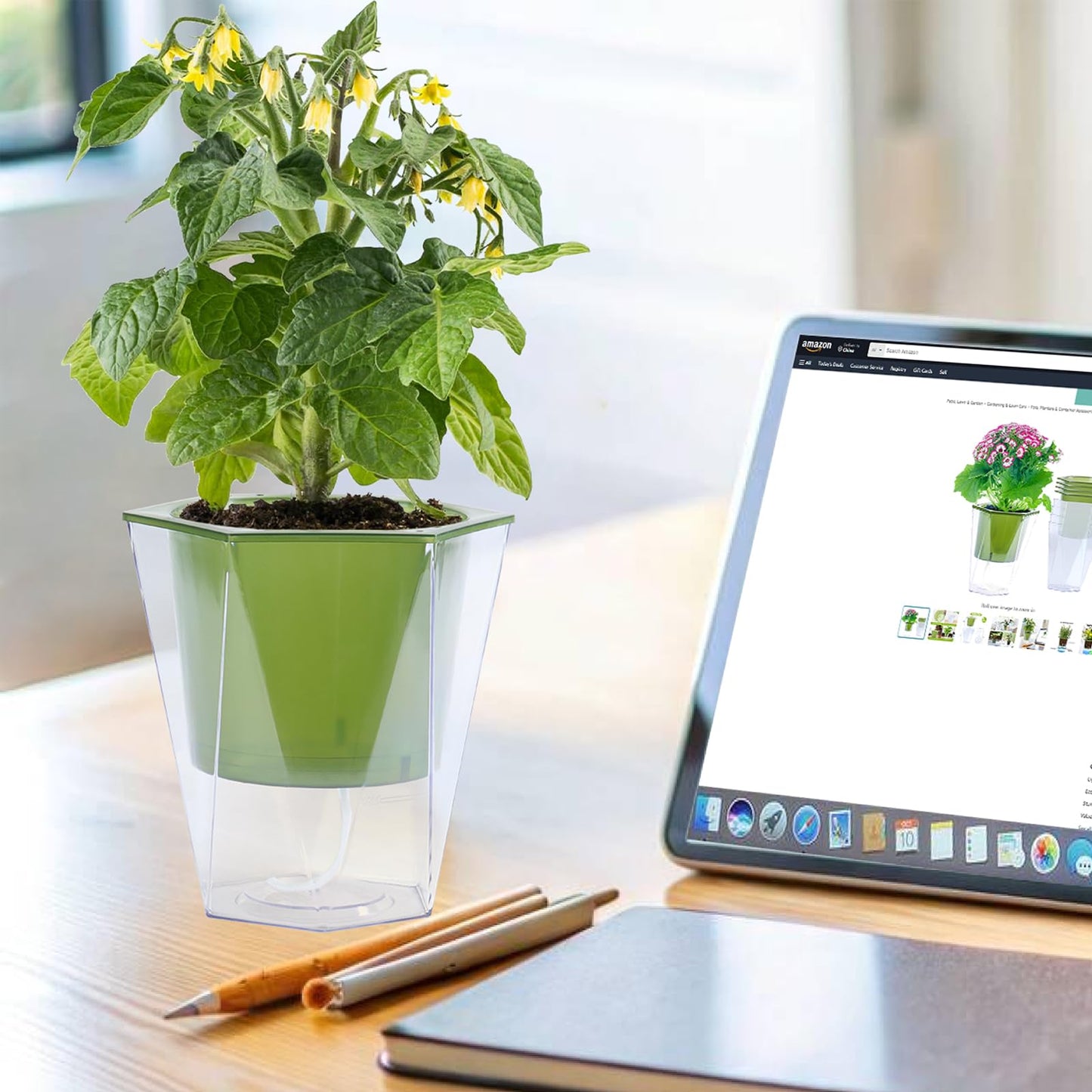 Oliz Self Watering Planter 5 Pcs, 4.5 Inch Flower Plant Pot with Transparent Inner Pot, Gardening Flowerpot with Watering Can, Indoor Self Watering Planter Pot for Herbs, Flowers (Green)