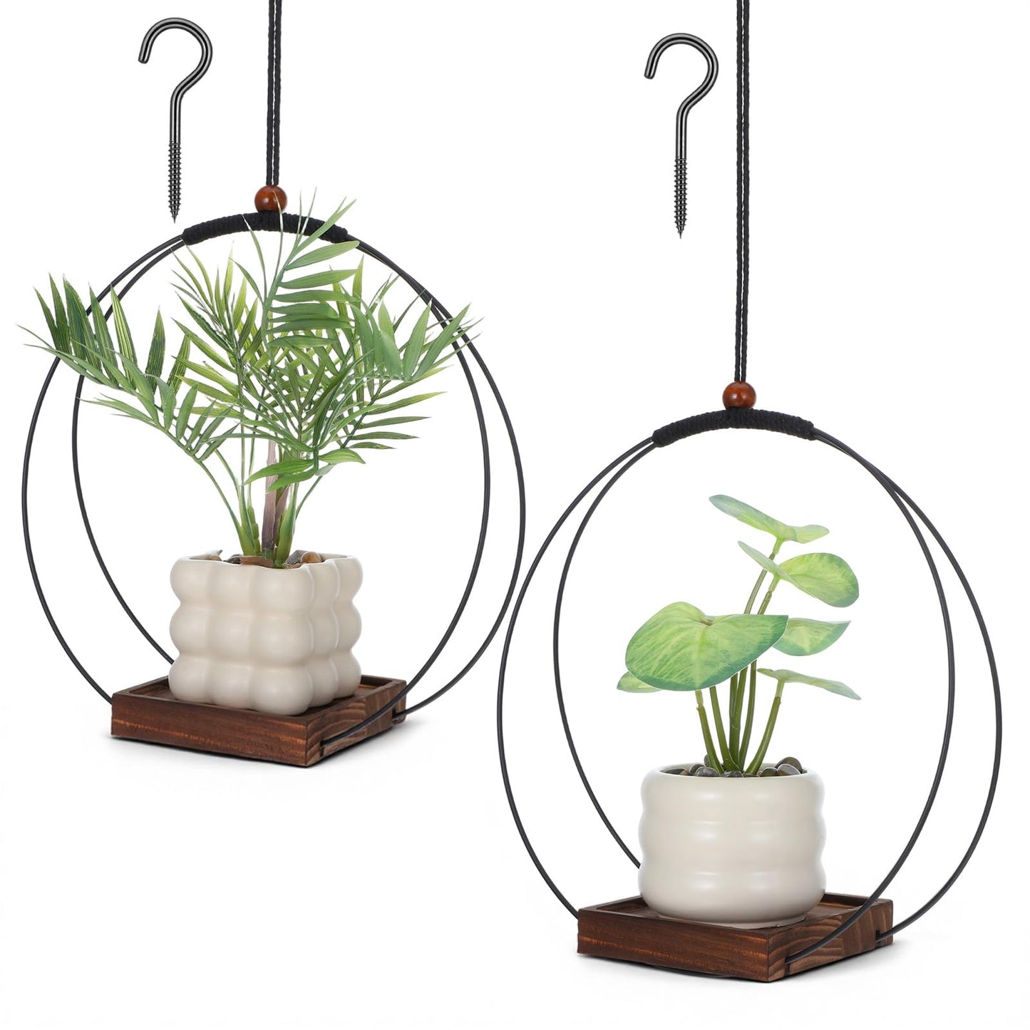 YBEATY 2 Pack Hanging Planters for Indoor Outdoor Plants, 12 Inch Sturdy Wood Base Metal Plant Hanger Modern Boho Minimalist Flower Pot Holder Basket Wall Ceiling Window Stands Home Wall Decor