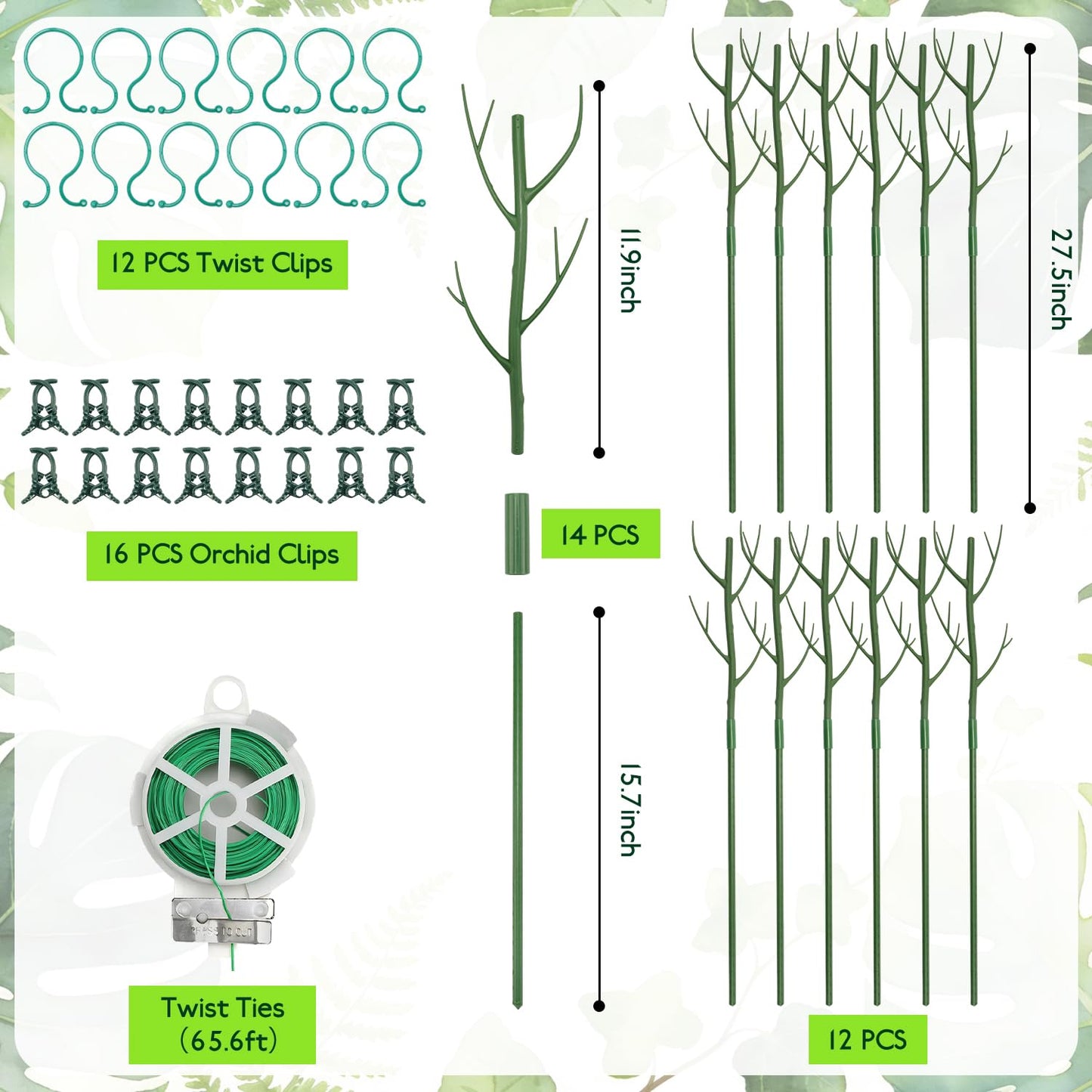 Linyona 12 Pack Monstera Plant Support Stakes, 27.5 Inch Natural Looking Detachable Plant Stakes for Climbing Plants, Includes 16 Orchid Clips & 12 Twist Ties & 65ft Garden Tie Outdoor Indoor